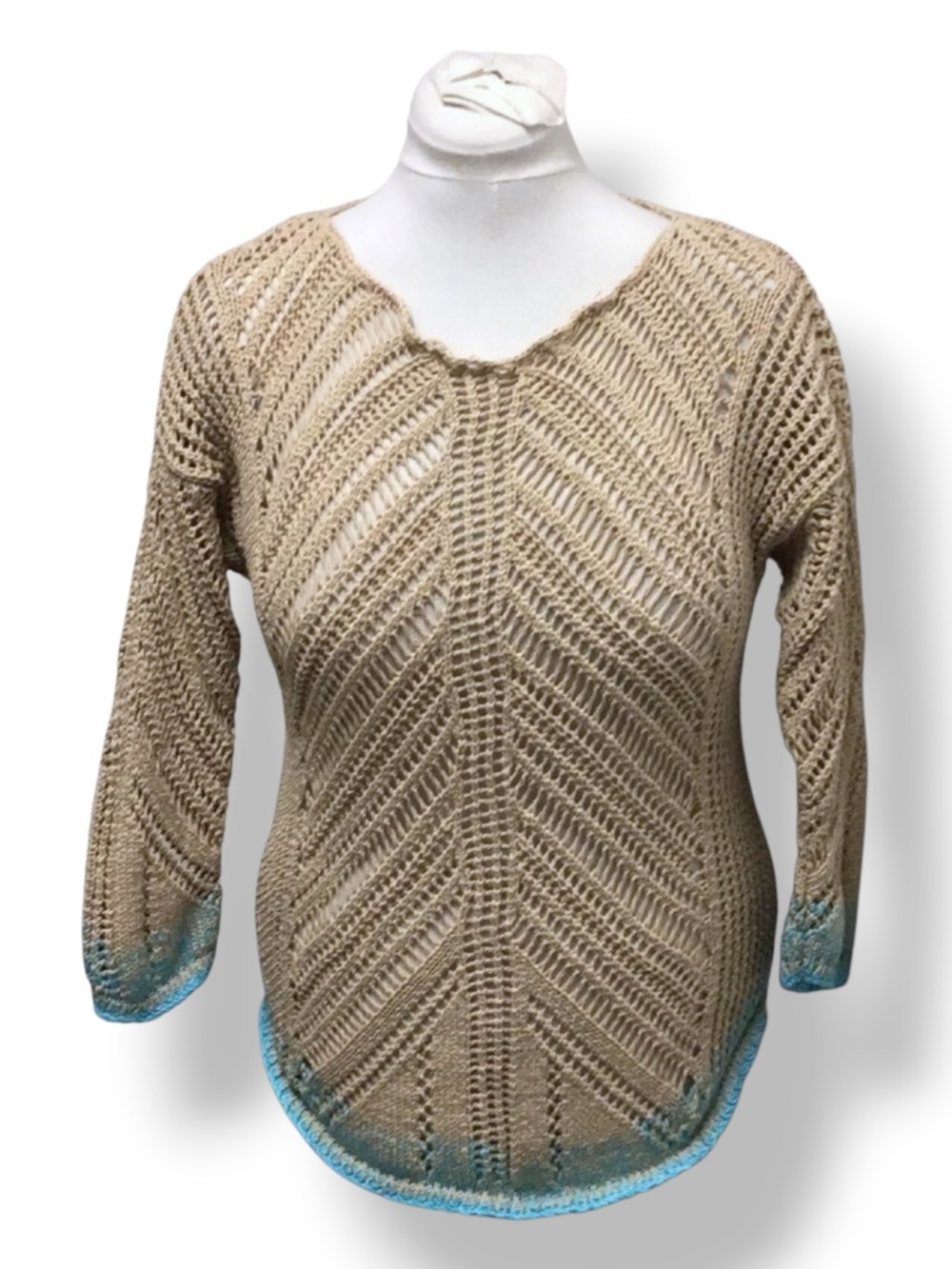 Coldwater Creek Women’s Open Crochet Tunic Cover-up VTG 90s Tan/Aqua XL